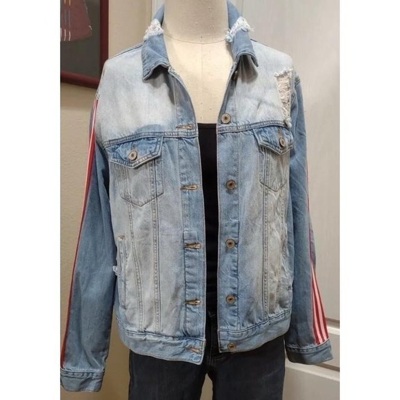 KanCan Jackets & Blazers - KanCan Womens Denim Jacket M Light Blue Distressed Striped Streetwear
